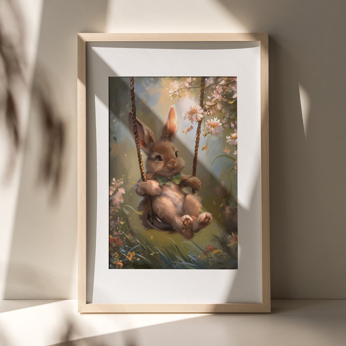 Vintage Cute Swinging Easter Bunny Print Spring Rabbit Wall Art Nursery Dcor Kids Room Dcor Antique Bunny Painting - Image 3