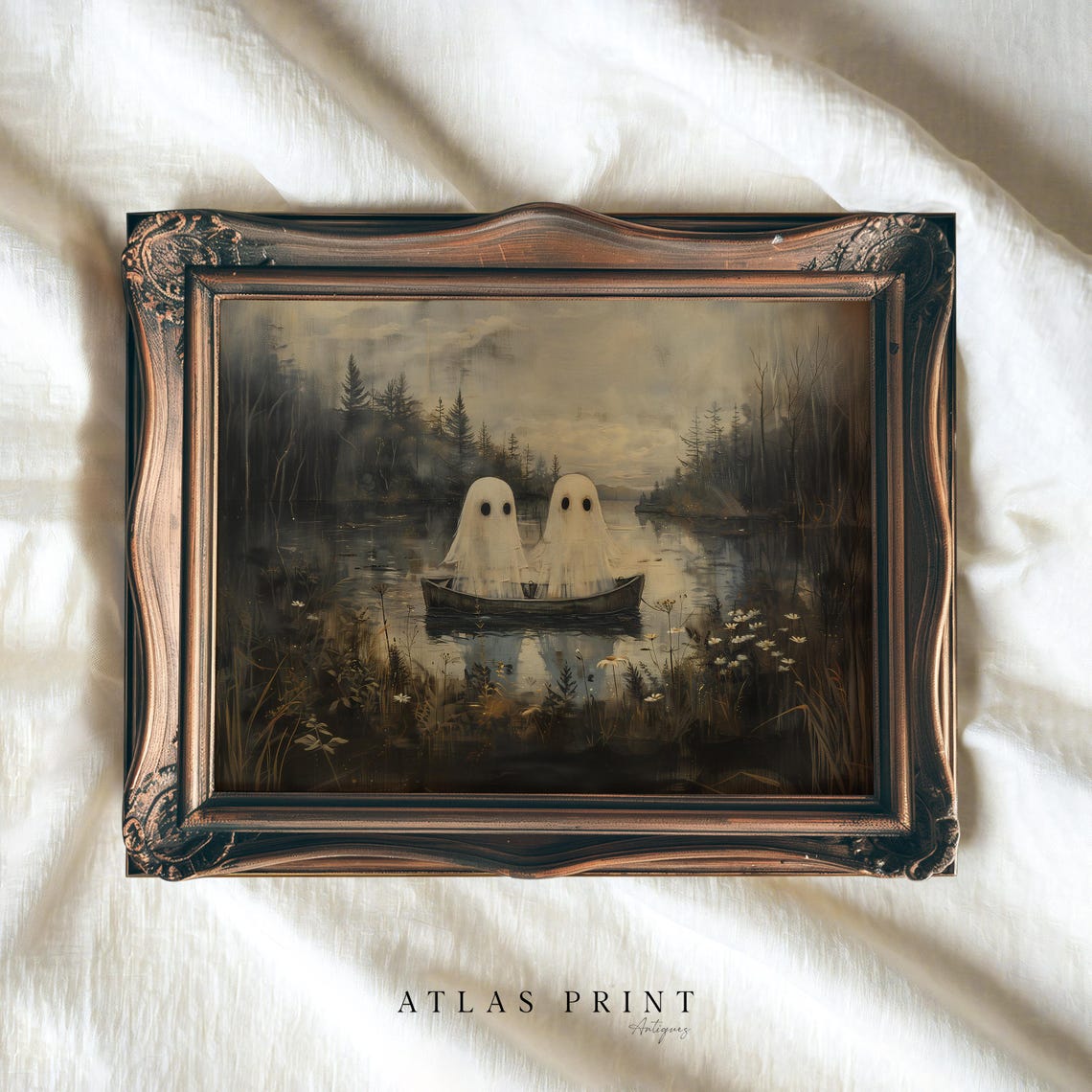 Cute Ghosts In Canoe Dark Moody Lake Halloween Night Wall Art - Image 2