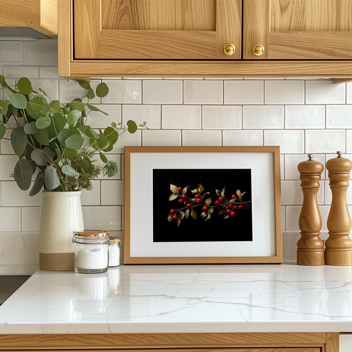 Red Winter Berries Branch On Black Vintage Botanical Wall Art - Image 4