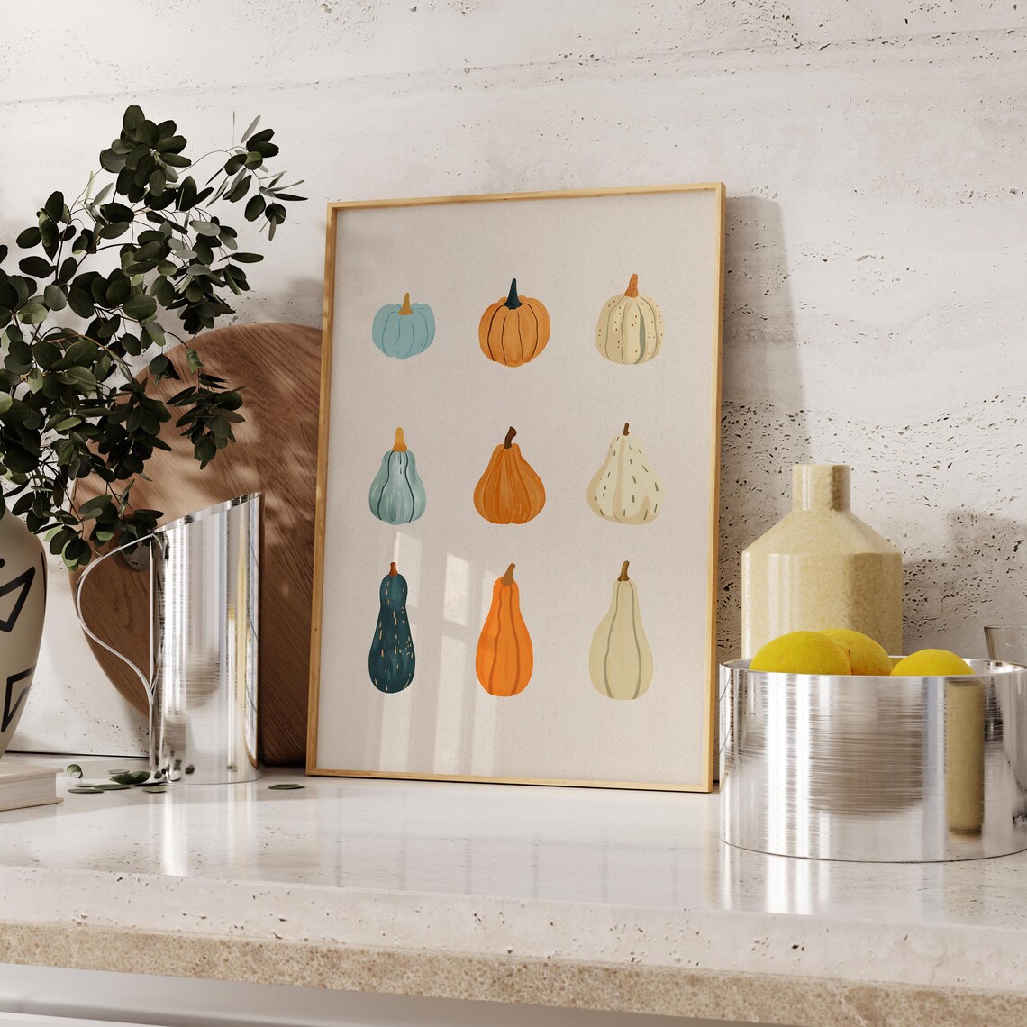 Nine Watercolor Pumpkins and Gourds Autumn Harvest Grid Botanical Poster - Image 2