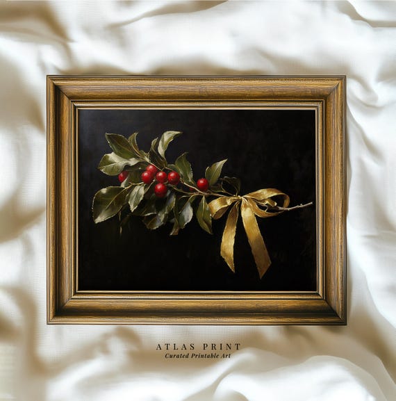 Vintage Christmas Mistletoe Painting Print Antique Moody Winter Wall Decor Dark Academia Wall Art Festive Holiday Print
