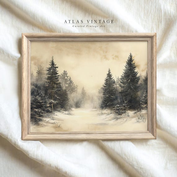 Vintage Winter Pine Tree Forest Landscape Print Moody Christmas Decor Rustic Snowy Forest Sketch Farmhouse Art Prints
