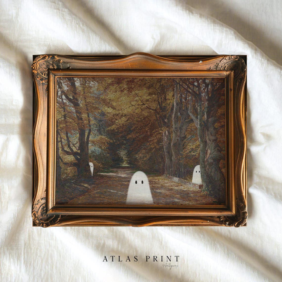 Three Cute Ghosts On An Autumn Forest Path Vintage Style Poster - Image 5