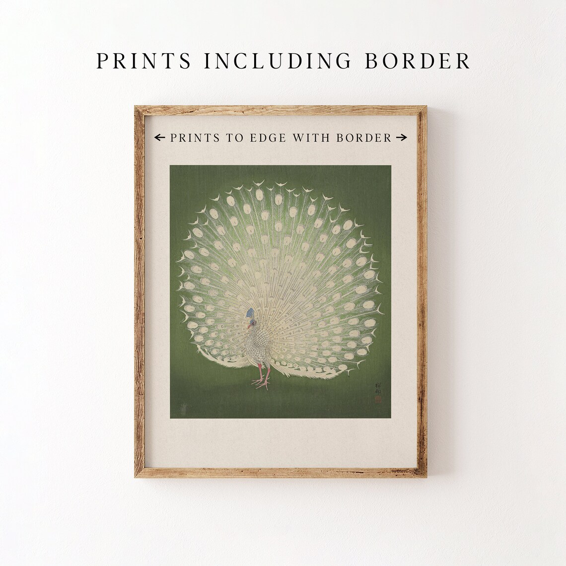 White Peacock Japanese Woodblock Green Vintage Bird Wall Art - Image 4
