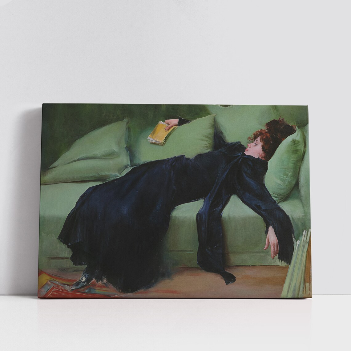 Moody Woman Reclining Vintage Oil Painting Dark Green Sofa Art Poster - Image 5
