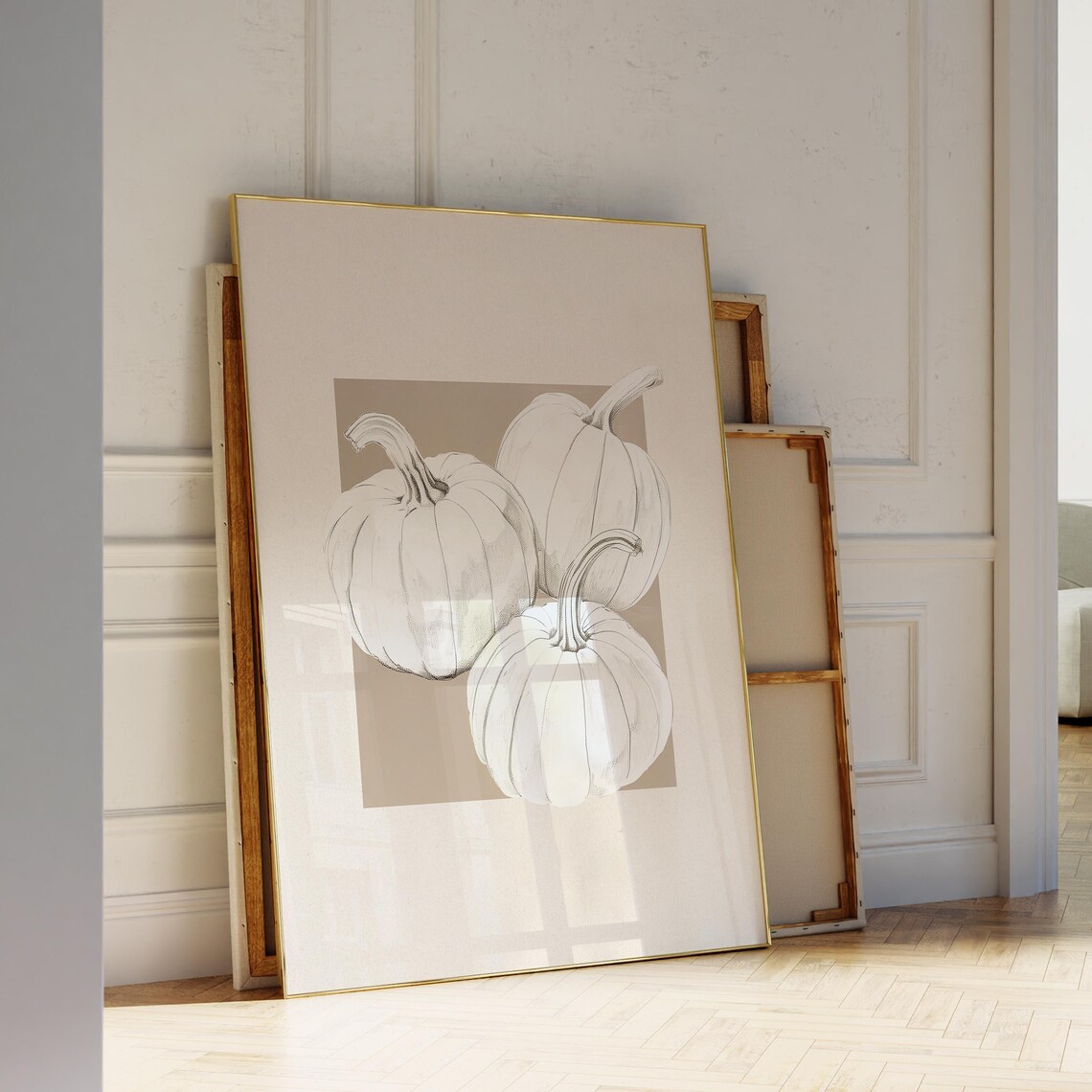 Three White Pumpkins Pencil Sketch Minimalist Neutral Fall Autumn Poster - Image 3