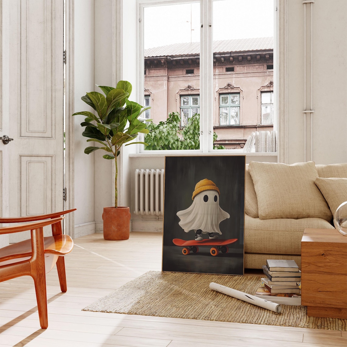 Cute Ghost In Yellow Beanie Riding Orange Skateboard Fun Halloween Poster - Image 4