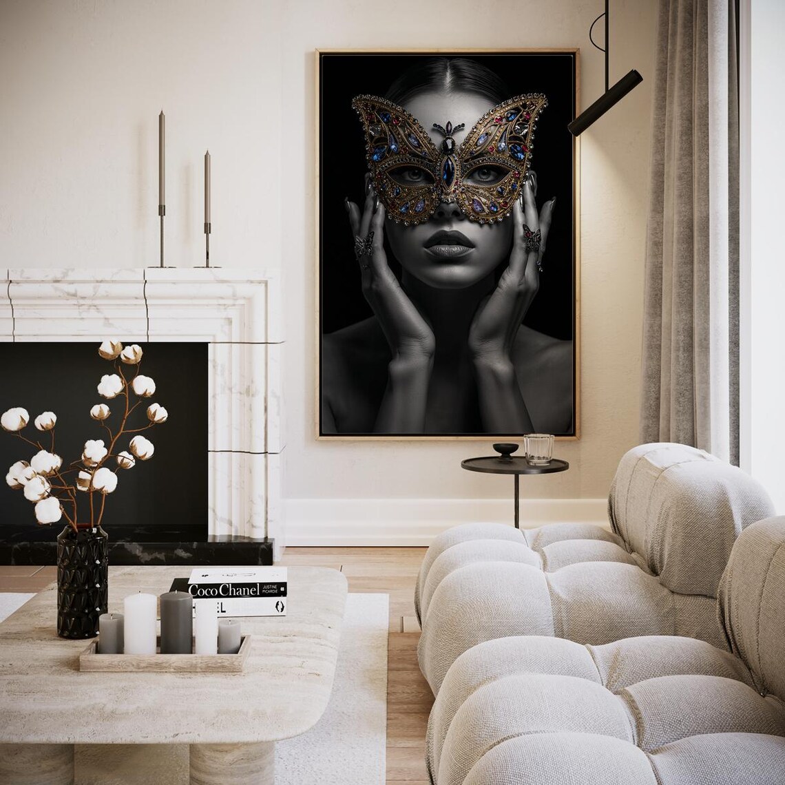 Elegant Woman in Jeweled Butterfly Mask Black and White Art Poster