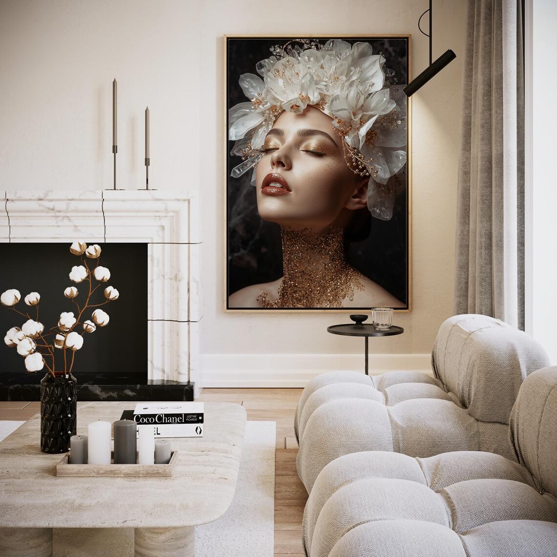Woman Portrait Golden Floral Headdress Elegant Dream Wall Art