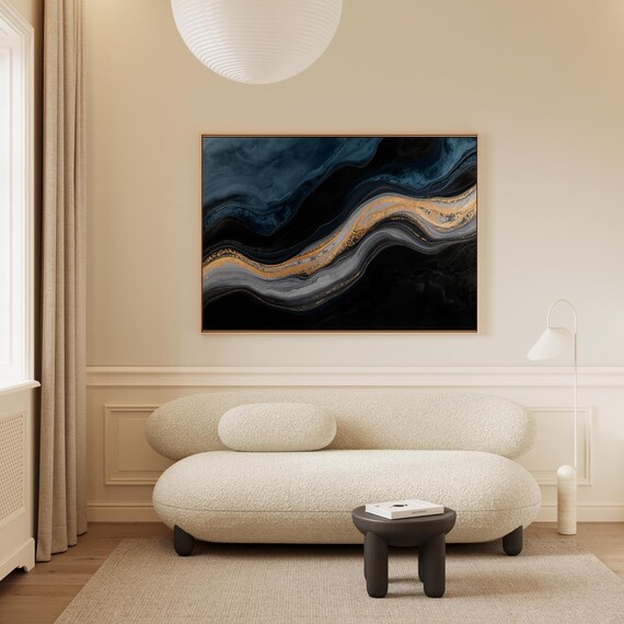 Golden Streams Flow Through Dark Waves Abstract Marble Swirl Wall Art
