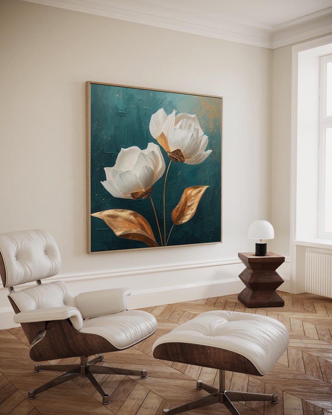 White Peony Blossoms with Golden Leaves on Dark Teal Canvas Art Poster