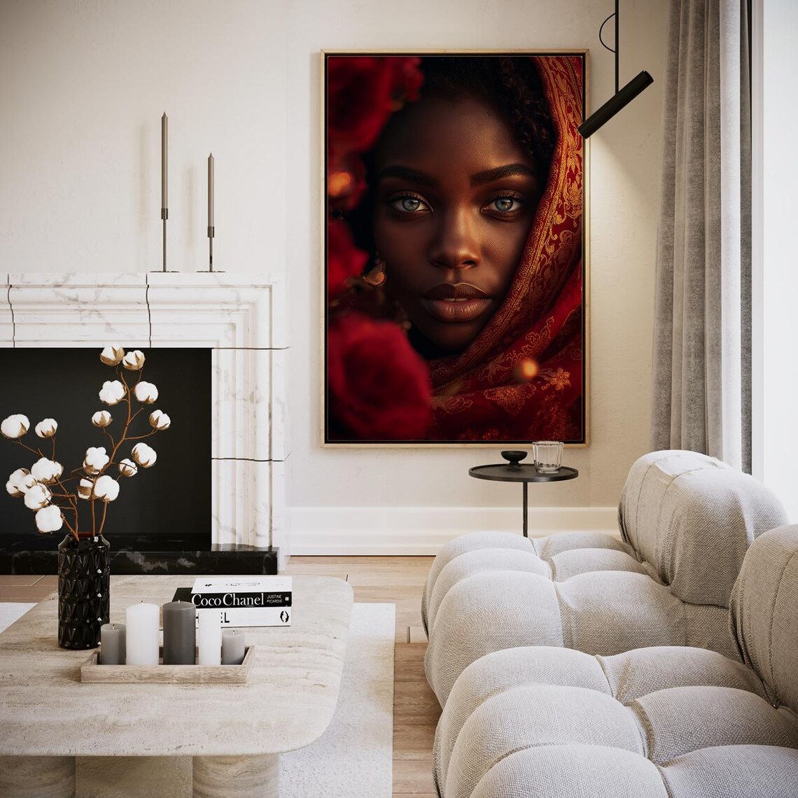 Woman Red Headscarf Red Roses Moody Portrait Elegant Floral Art Print