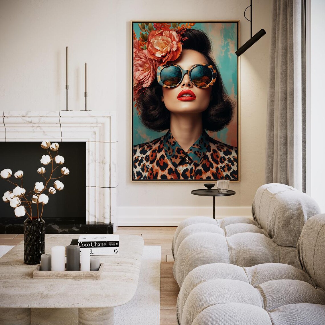 Bold Retro Woman Portrait Leopard Sunglasses Floral Art Poster