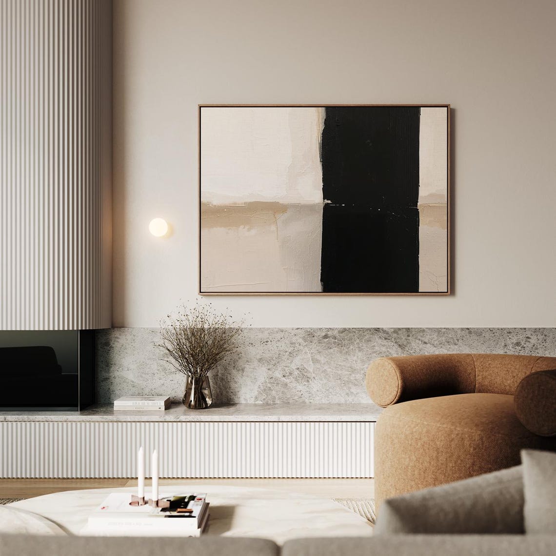 Minimalist Black and White Abstract with Bold Vertical Stripe Poster