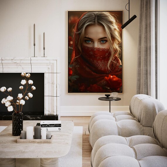 Blonde Woman Red Veil Red Roses Portrait Mystery Elegant Art Print