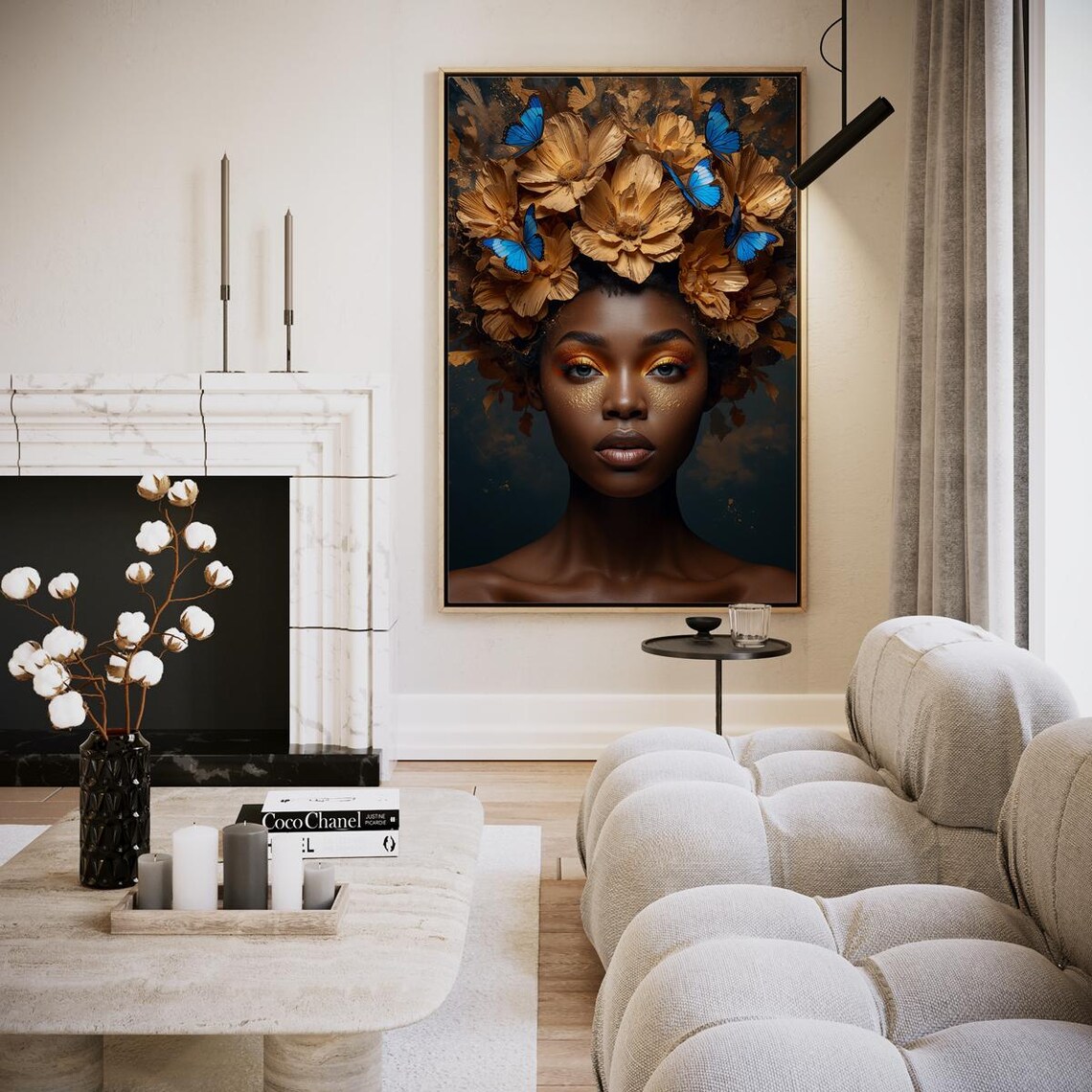 Golden Flower Crown Woman Portrait Blue Butterfly Dark Art Poster