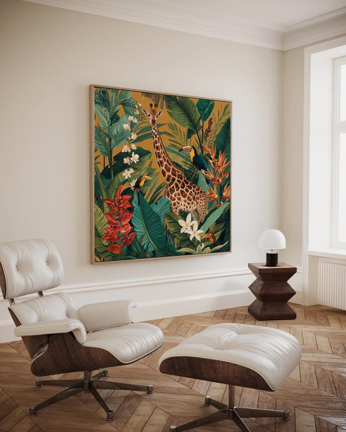 Giraffe In Lush Jungle With Toucans Tropical Safari Animal Poster