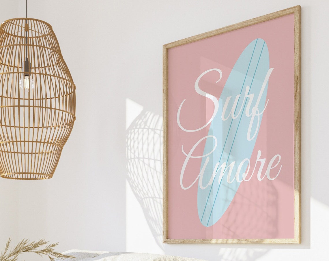 Surf Amore Cream Script Blue Surfboard on Soft Blush Pink Poster - Image 3