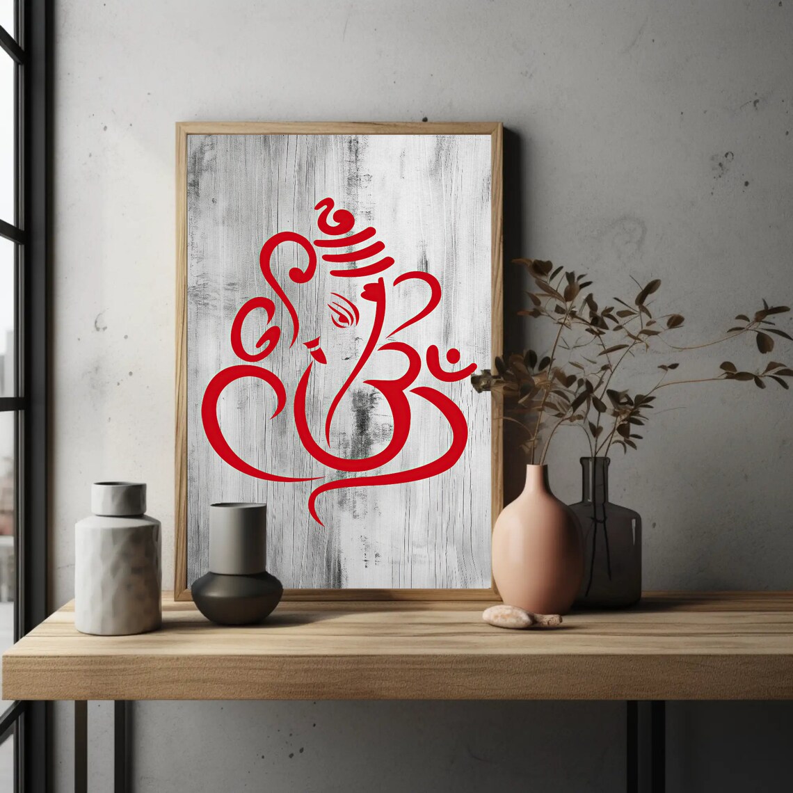 Red Lord Ganesha Line Art Minimalist Hindu Deity On Wood Poster - Image 2