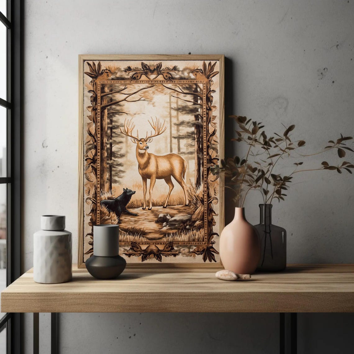 Sepia Stag And Black Wolf In Forest Vintage Engraving Poster - Image 2