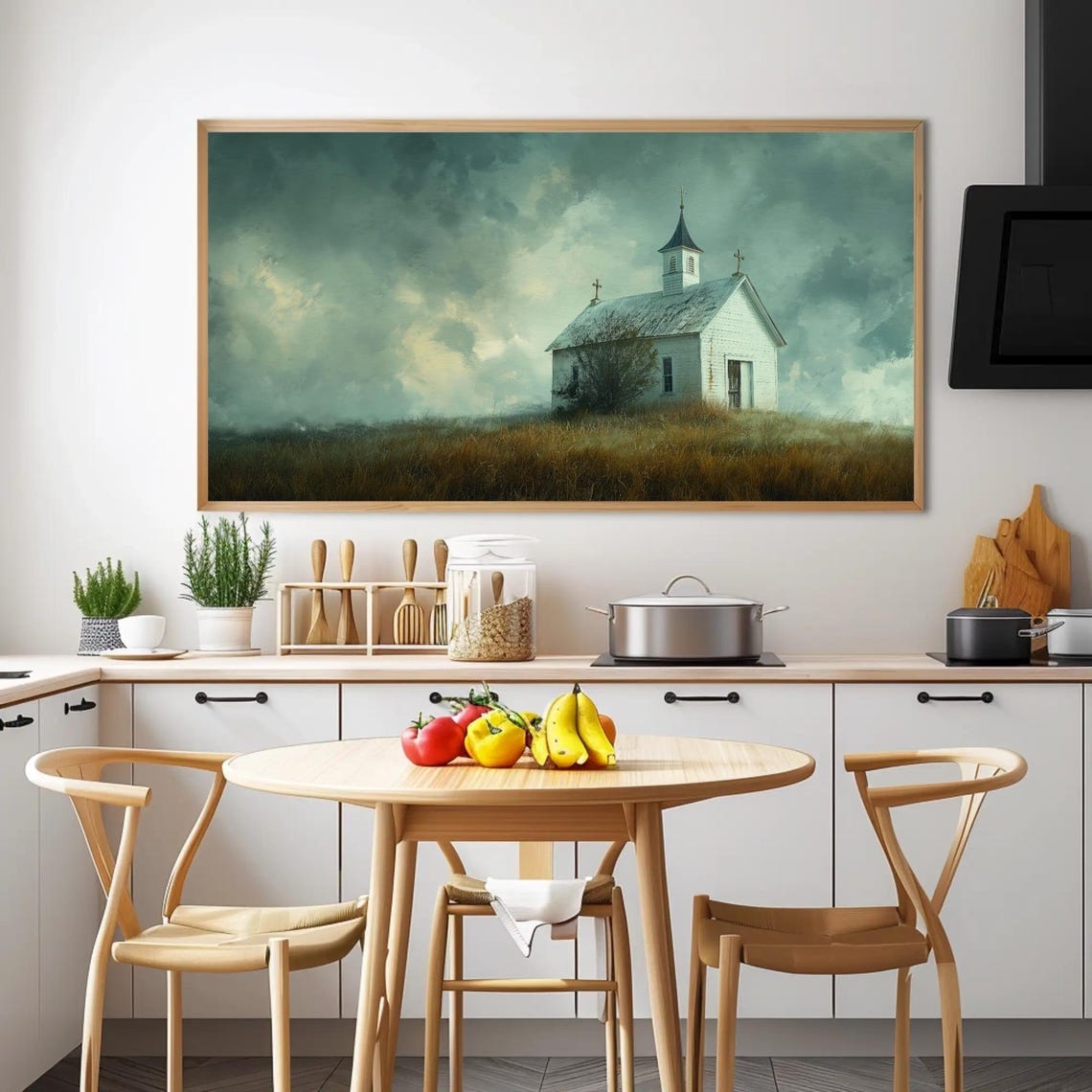 Lonely White Chapel On A Windswept Hill Under Moody Skies Poster - Image 2