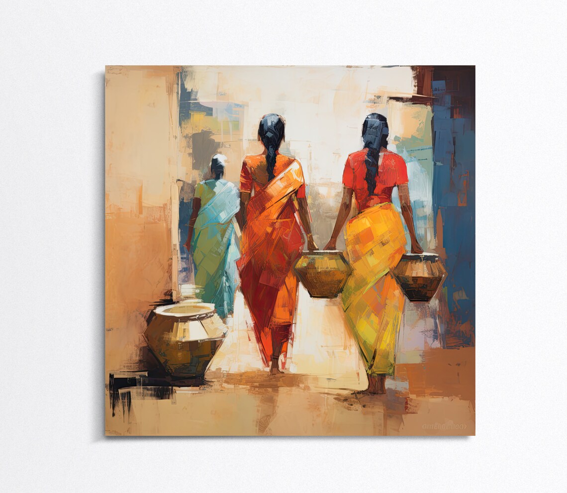 Three Indian Women Carrying Water Pots Street Scene Painting Poster - Image 4