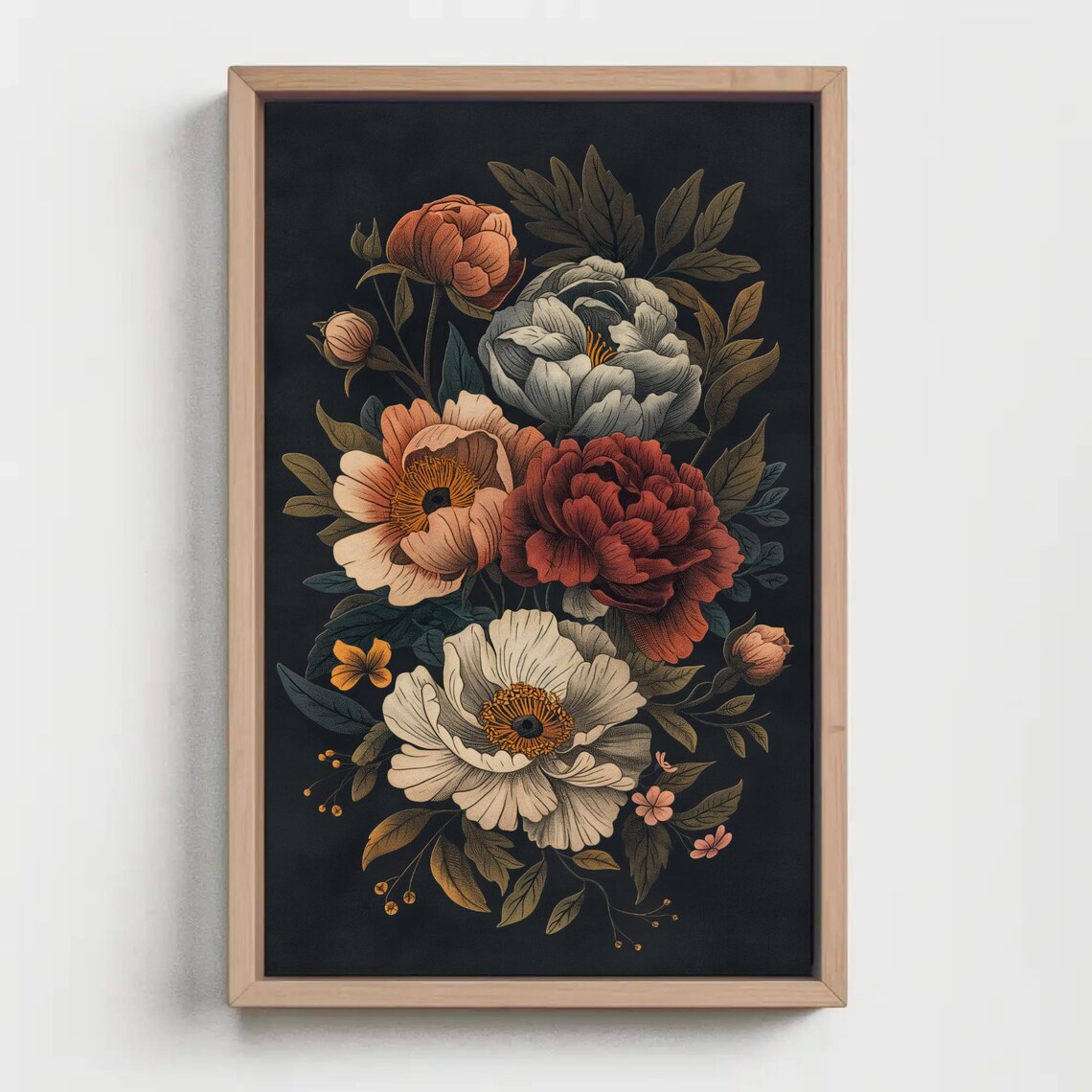 Dark Moody Peonies Vintage Botanical Black Background Floral Wall Art - Image 4