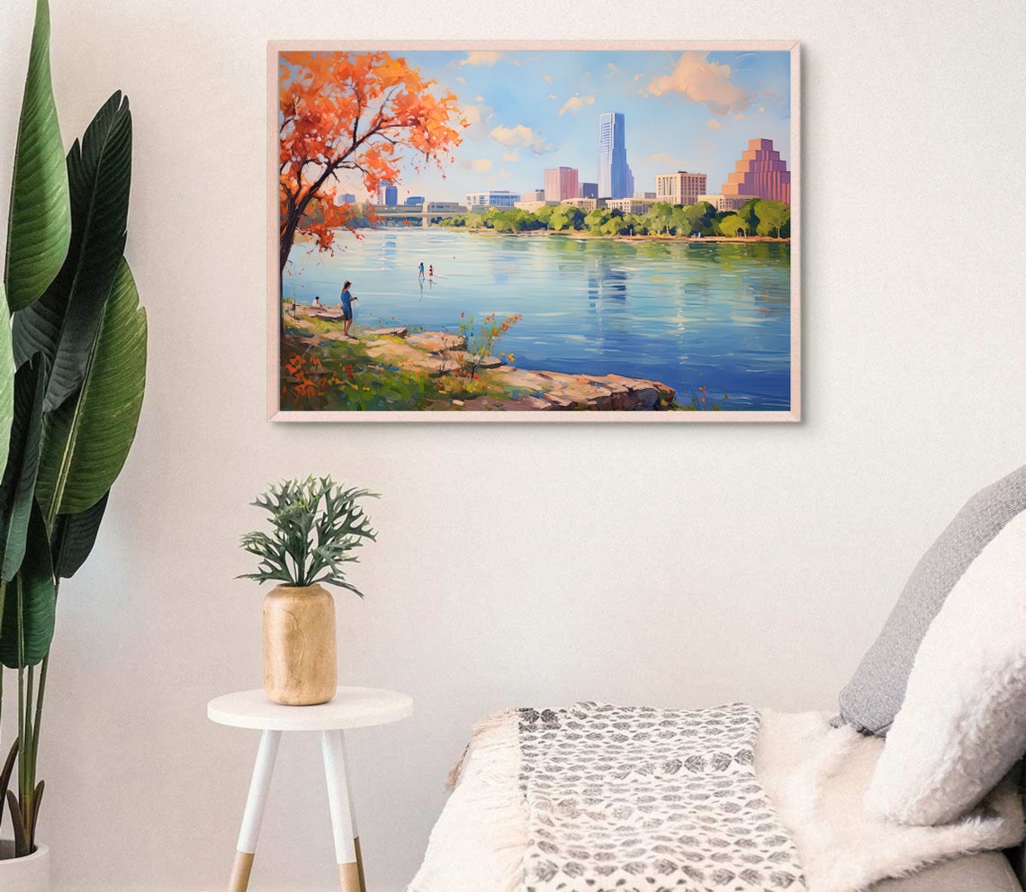 Austin Lady Bird Lake Kayakers Skyline Autumn Tree Travel Poster - Image 4