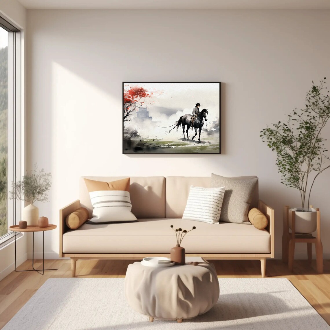 East Asian Ink Wash Horse Rider Crossing Misty Mountains Poster - Image 3