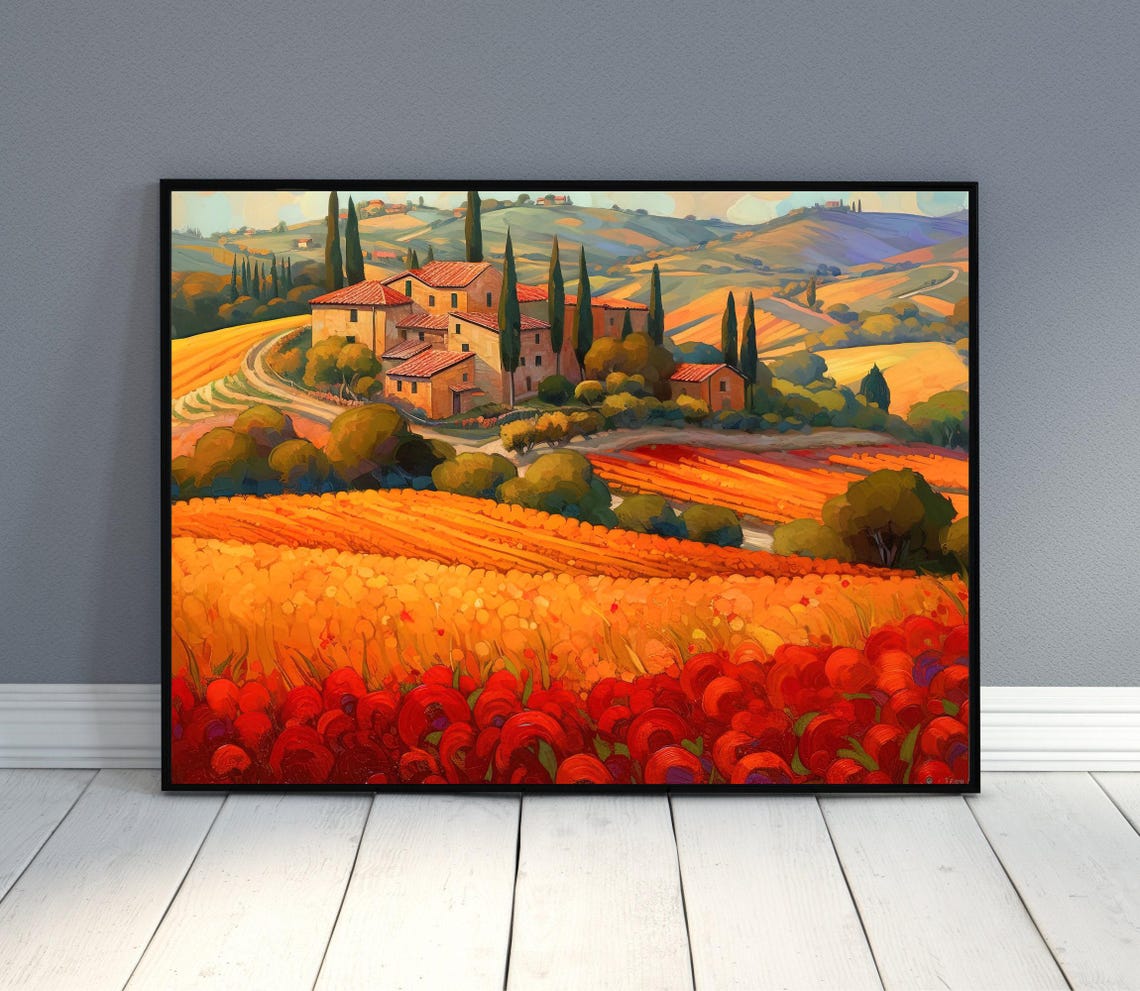 Tuscan Villa Sunset Golden Fields Cypress Trees Italian Art Poster - Image 2