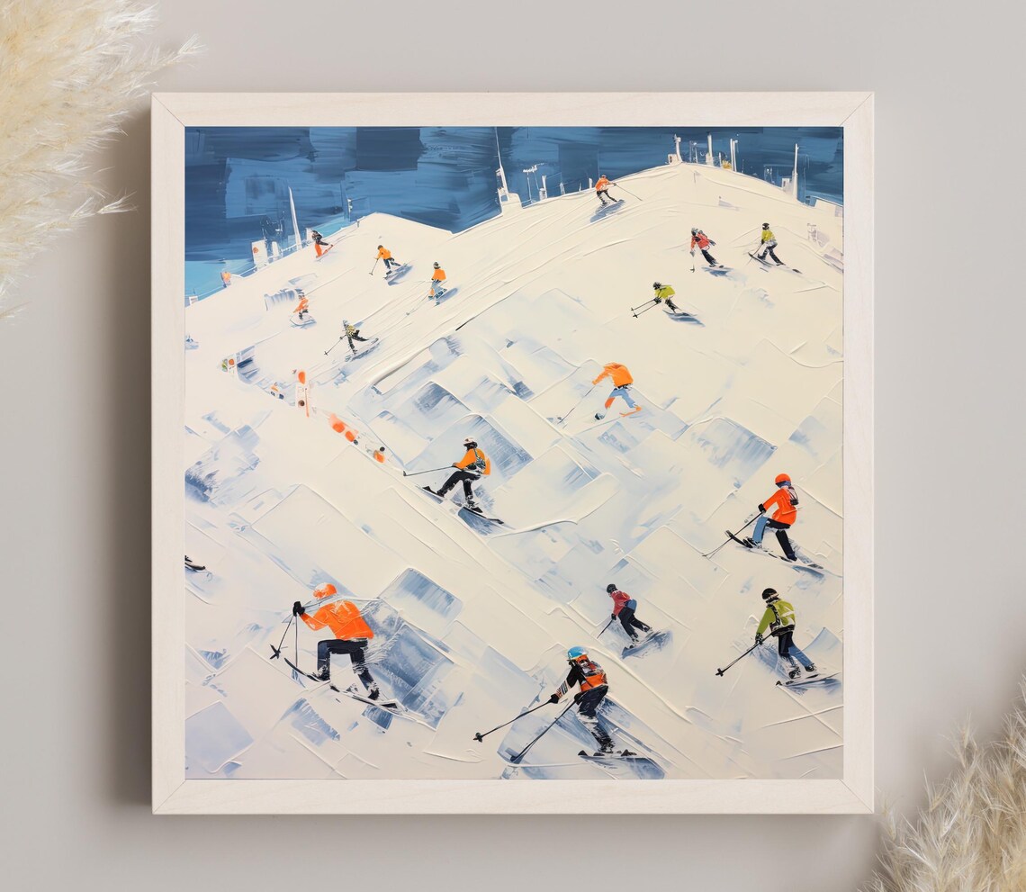 Skiers Descending Snowy Slope Abstract Winter Sports Scene Poster