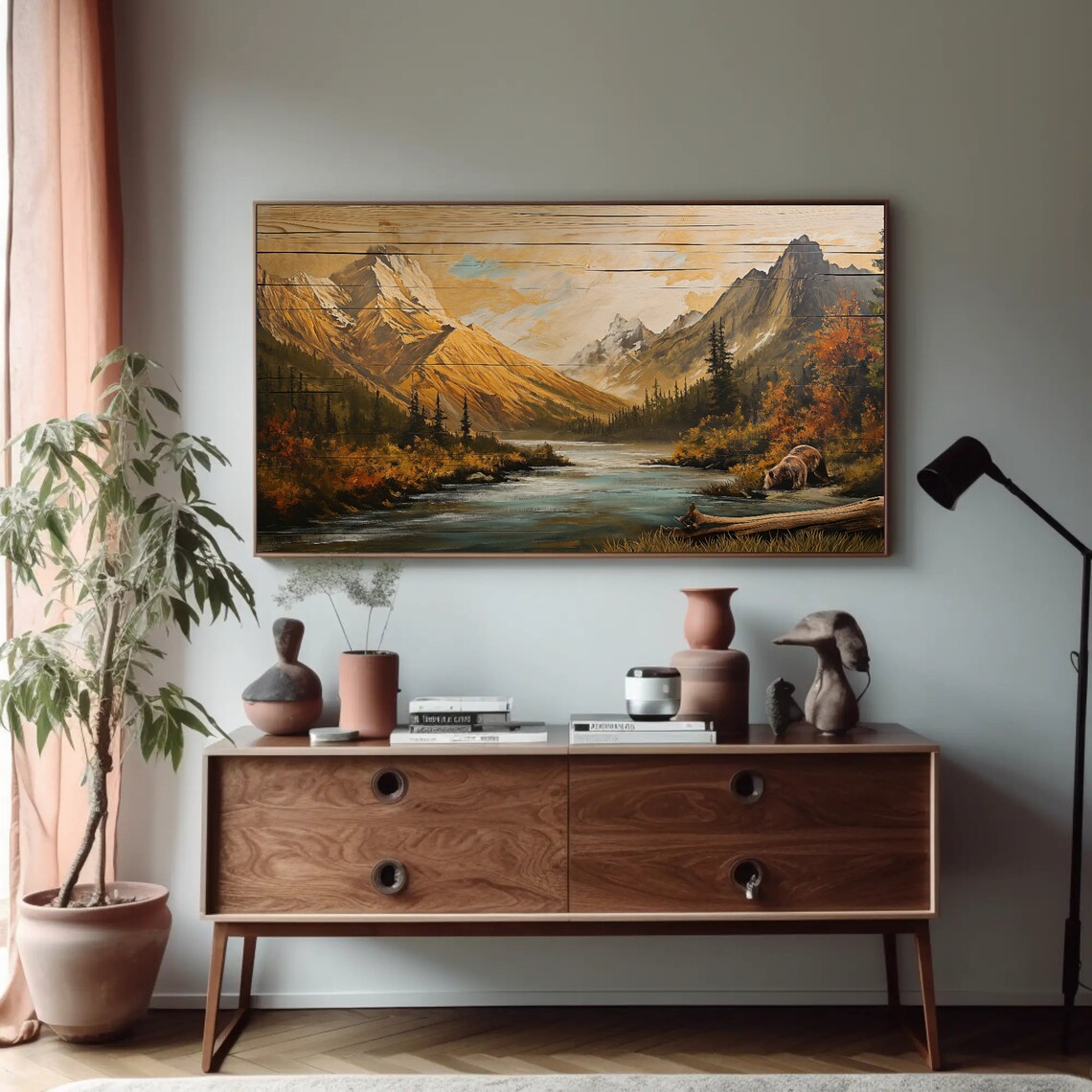 Wood Effect Mountain River Scenery, Rustic Decor Art Print - Image 2