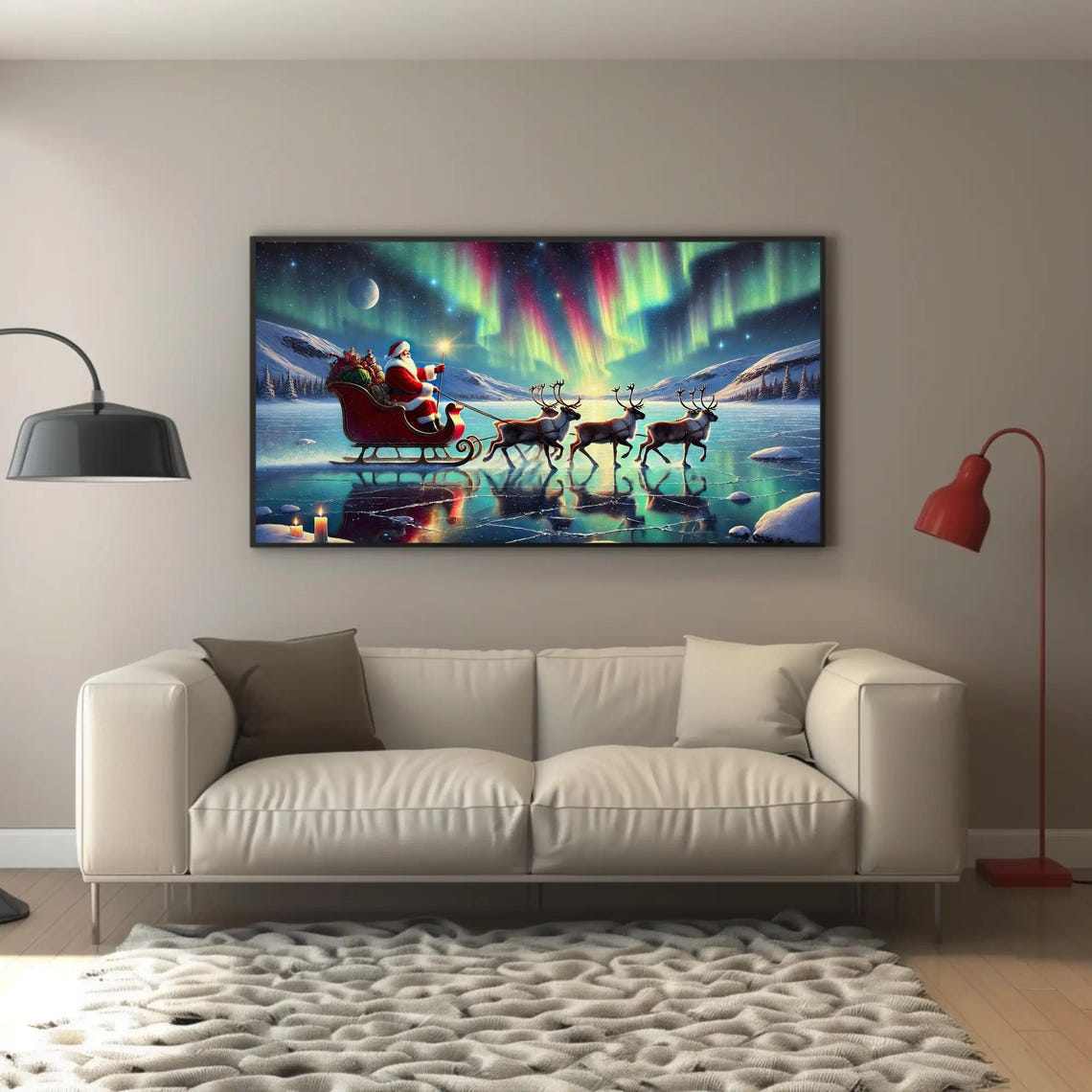 Santa Sleigh Gliding Under Northern Lights On A Frozen Lake Poster - Image 5