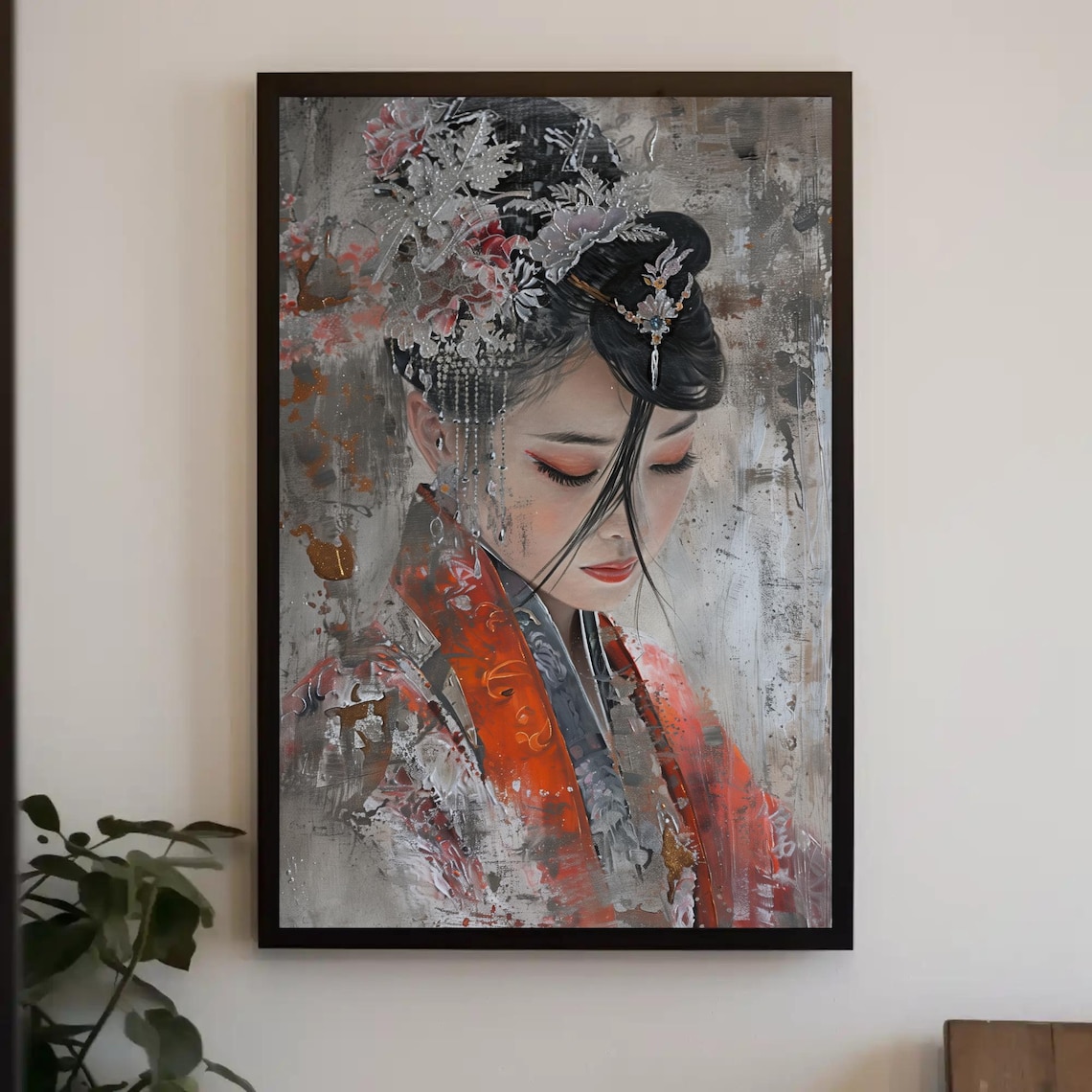 Chinese Woman Portrait With Floral Headdress Red Robe Poster