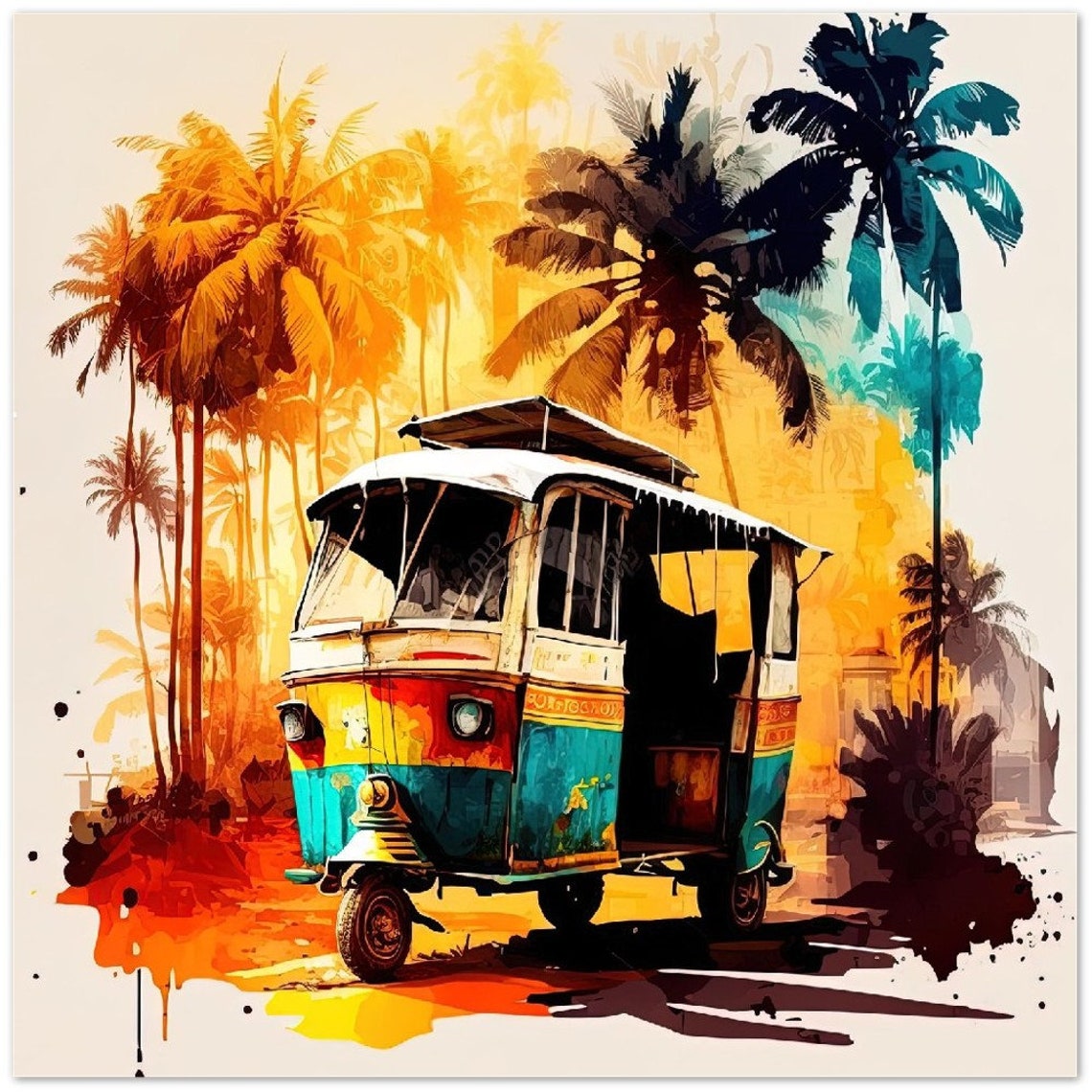 Vibrant Indian Auto Rickshaw Watercolor Art Print With Palm Trees - Image 3