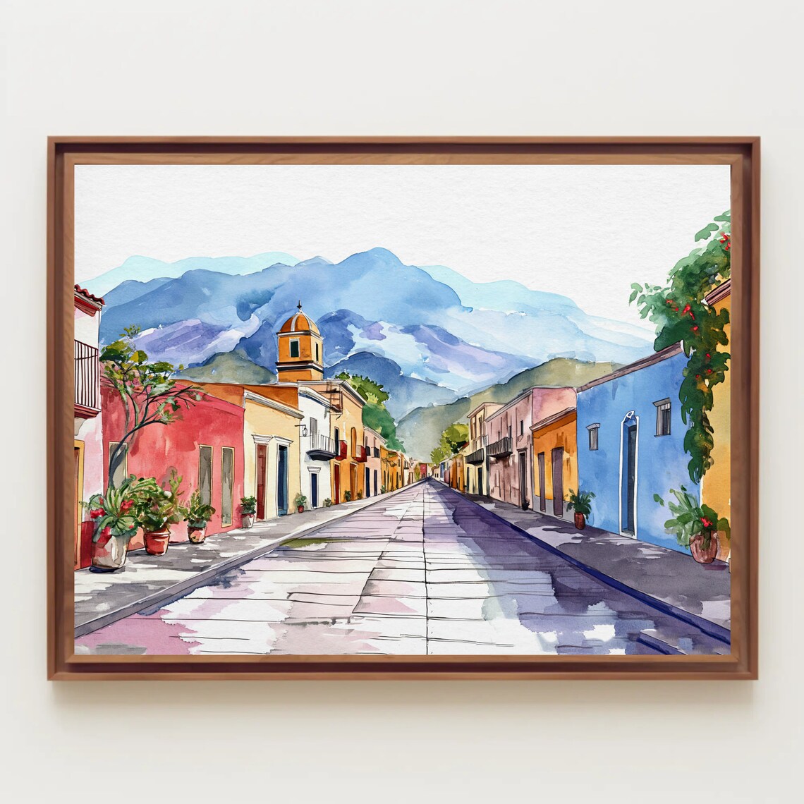 Mexican Colonial Street with Mountains and Church Watercolor Poster - Image 5