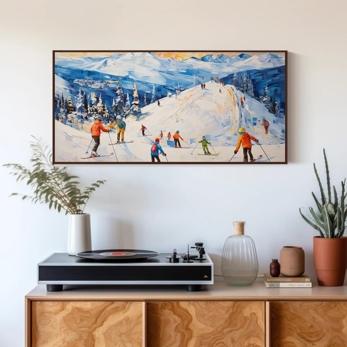 Skiers on Sunny Slopes Mountain Ski Resort Winter Scene Poster - Image 3