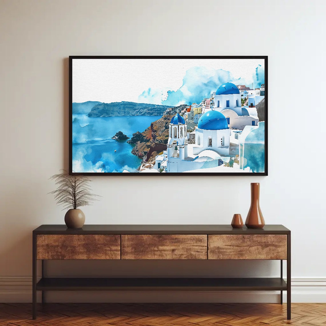 Santorini Blue Domed Churches Caldera View Watercolor Poster - Image 2