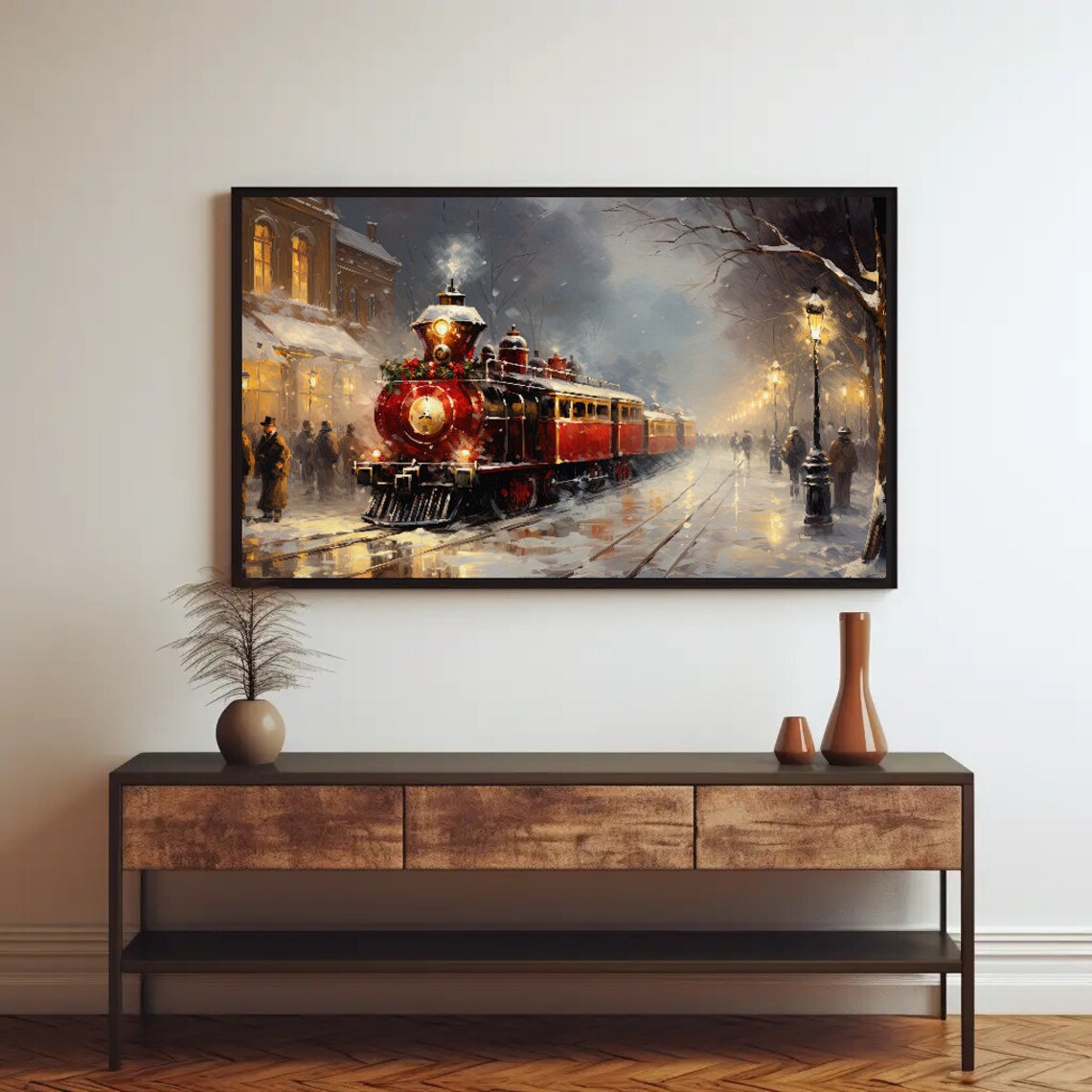 Vintage Red Steam Train Christmas Snowy Night Holiday Scene Poster - Image 3