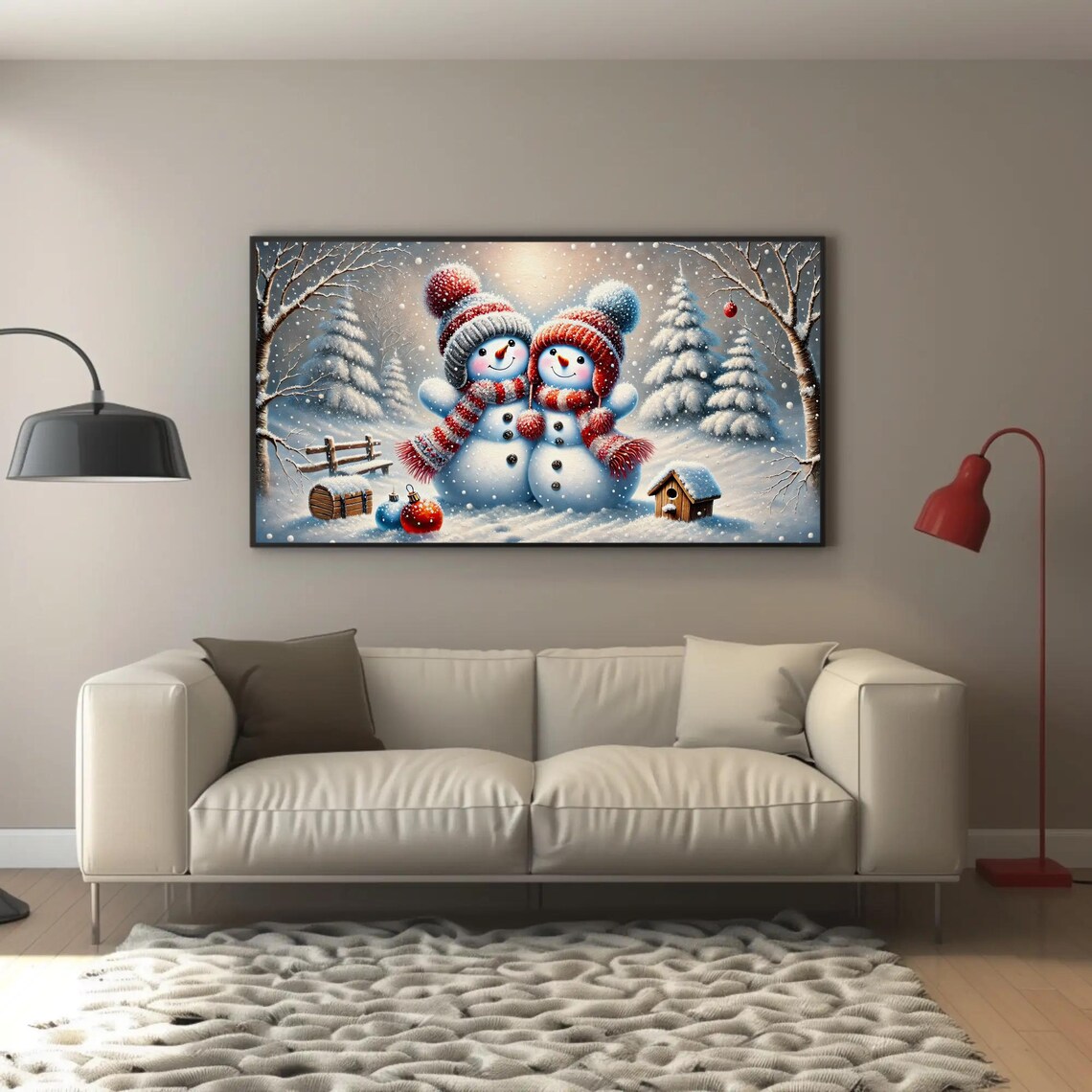 Cute Snowman Couple In A Snowy Christmas Forest Winter Poster - Image 5