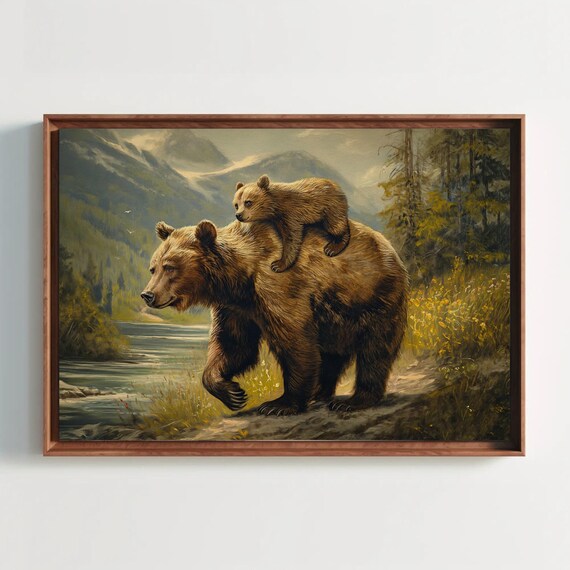 Mama Bear Cub Riding Piggyback River Wildlife Painting Poster