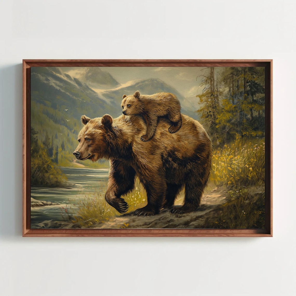 Mama Bear Cub Riding Piggyback River Wildlife Painting Poster