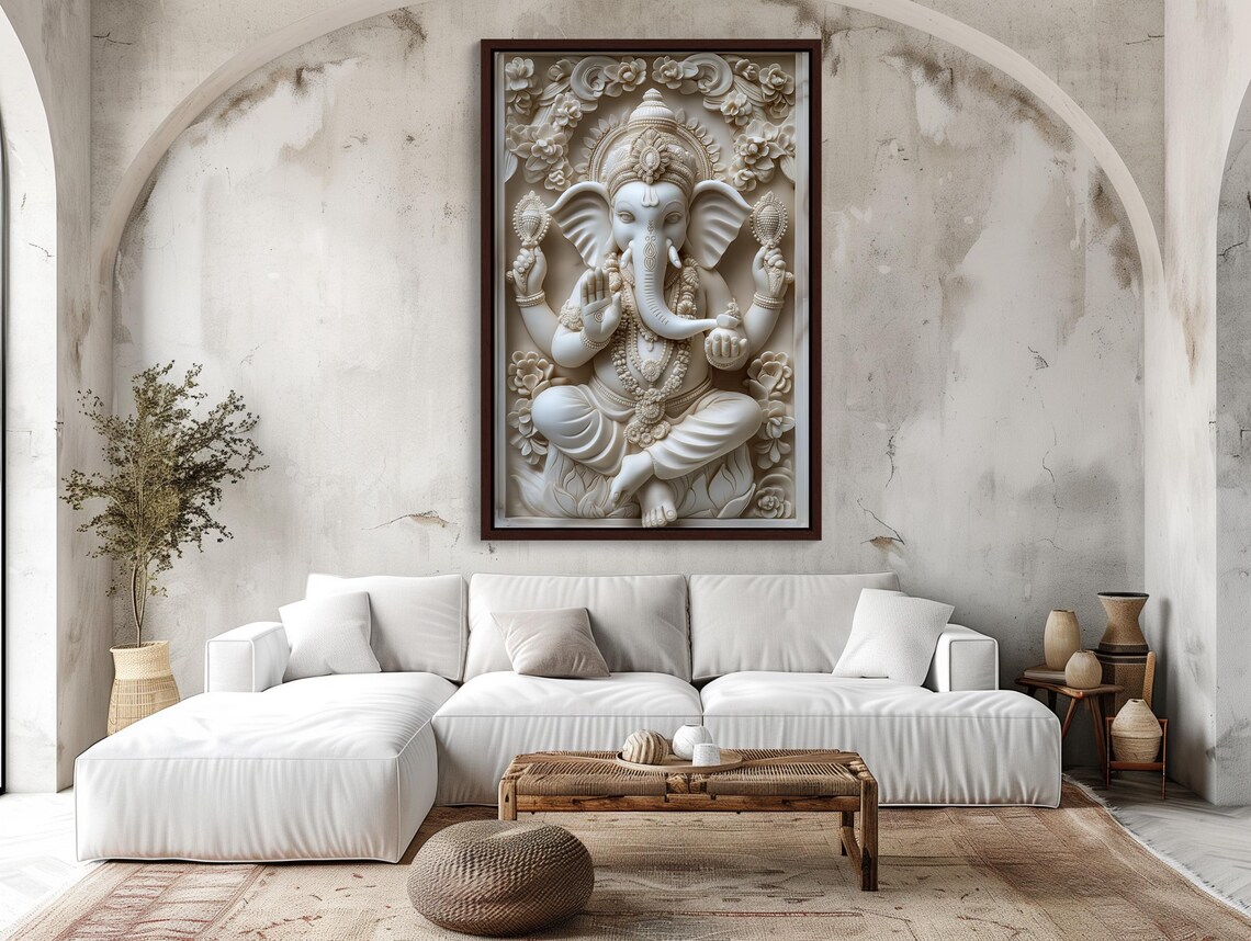 White Ganesha Sculpture Relief Sacred Spiritual Hindu Deity Poster - Image 5