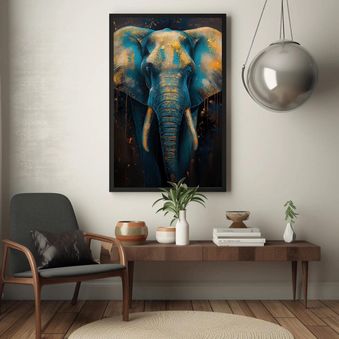 Elephant Front Portrait Turquoise Gold Abstract Wildlife Poster - Image 3