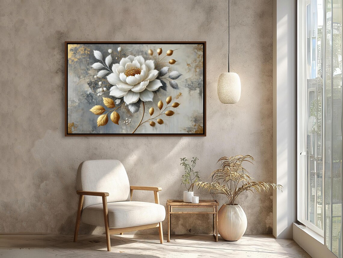 Gold And White Flower Horizontal Botanical Art Print - Image 5