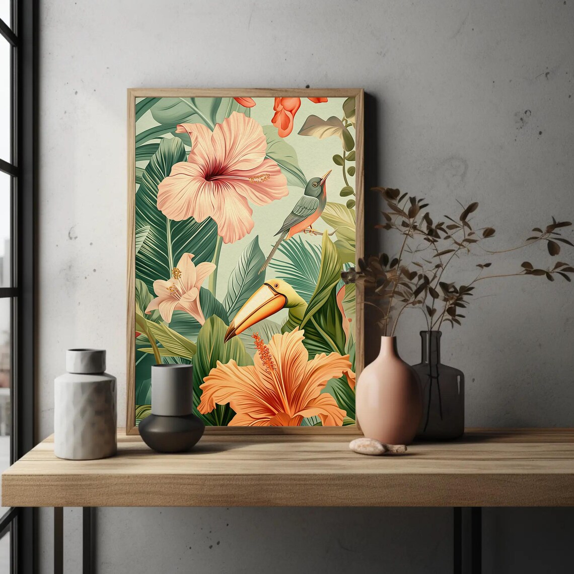 Tropical Hibiscus And Toucan In Lush Green Jungle Leaves Poster - Image 3