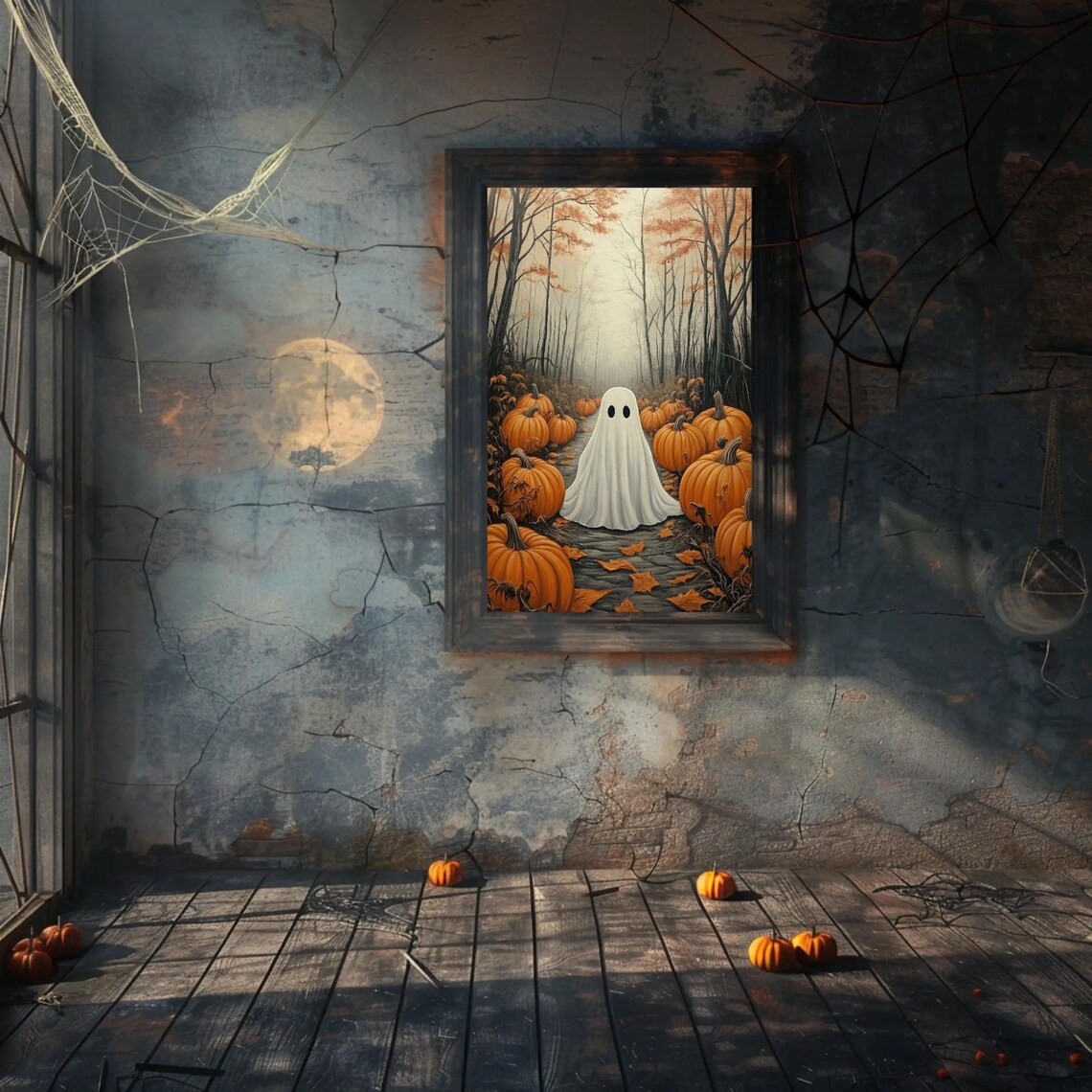 Ghost Pumpkin Patch Winding Autumn Forest Path Seasonal Halloween Poster - Image 5