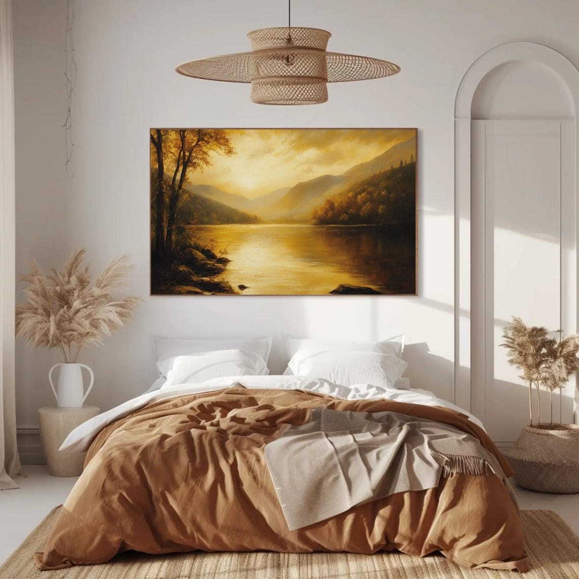 Misty River Valley At Golden Sunrise Mountains Painting Poster - Image 2