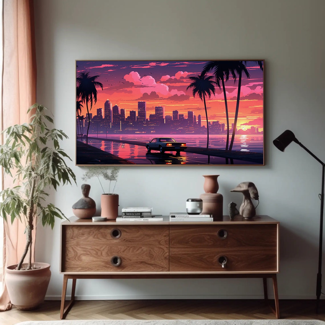 Retro Miami Vice Sunset Cityscape Palm Trees Classic Car Poster - Image 5