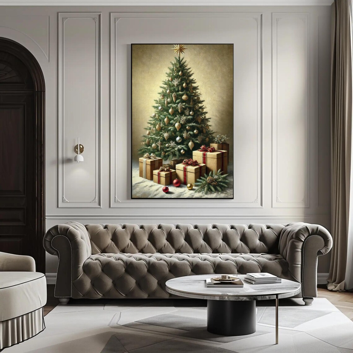 Classic Christmas Tree With Gifts And Gold Ornaments Night Poster - Image 5